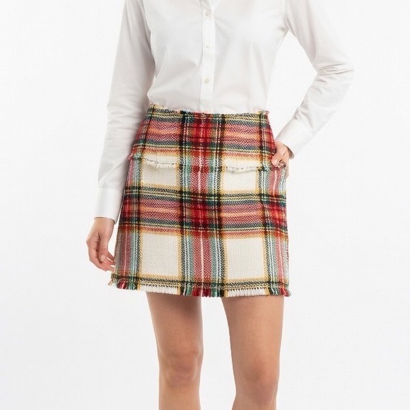 J. Crew Dresses & Skirts - J. Crew Plaid Wool Mini Skirt Women Size 8 Red Green Yellow Fringe Hem